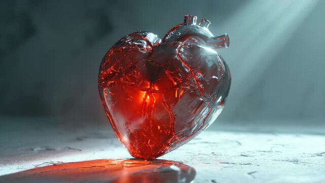 A glass heart with a glowing red core rests on a cracked surface under dramatic lighting. The detailed cracks and shadows create a somber and mysterious mood, reflecting light artistically.