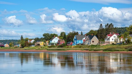 Colorful houses by calm riverside under clear sky