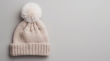 Soft woolen knitted hat with a fluffy pom-pom, placed on an isolated background, ideal for copy text overlay