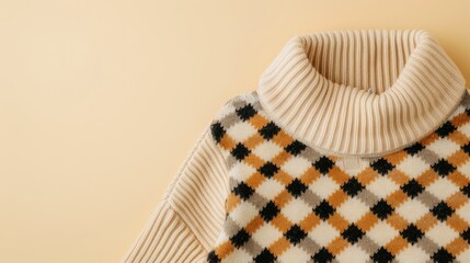 Soft woolen sweater with a vintage argyle pattern, isolated on a neutral background, ready for text addition