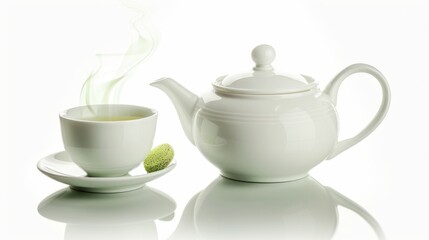 Steaming green tea cup next to a teapot, isolated on white, designed for text space