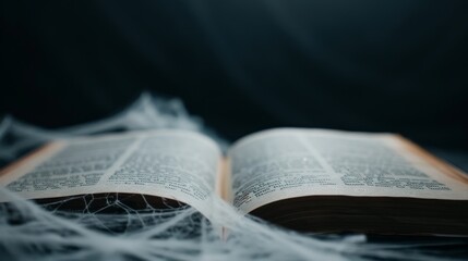 An ancient, cursed book lies open on a dusty, cobweb-covered desk, casting eerie shadows. Scary atmosphere, mysterious, perfect for Halloween