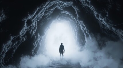 Obraz premium A shadowy figure stands at the entrance of a dark, foreboding cave, surrounded by a misty, eerie atmosphere, perfect for a Halloween theme