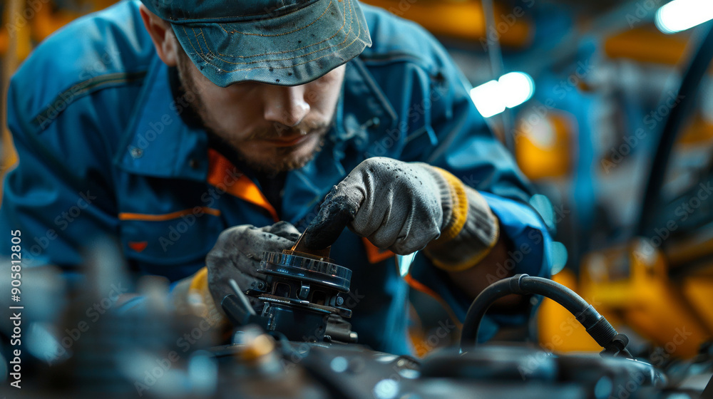 Poster a mechanic intensely focuses on repairing an engine, illustrating precision and expertise in automot