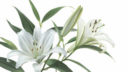 White Lily with Green Leaves Isolated on White Background