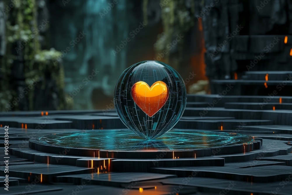 Aufkleber glowing heart hovering over futuristic interface symbolizing love and connection in the digital age.
