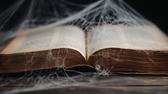 An ancient, cursed book lies open on a dusty, cobweb-covered desk, casting eerie shadows. Scary atmosphere, mysterious, perfect for Halloween