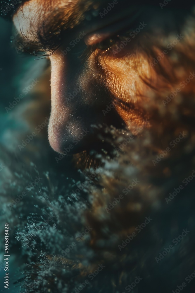 Poster portrait of a man with a long beard and facial hair, suitable for use in editorial or commercial con