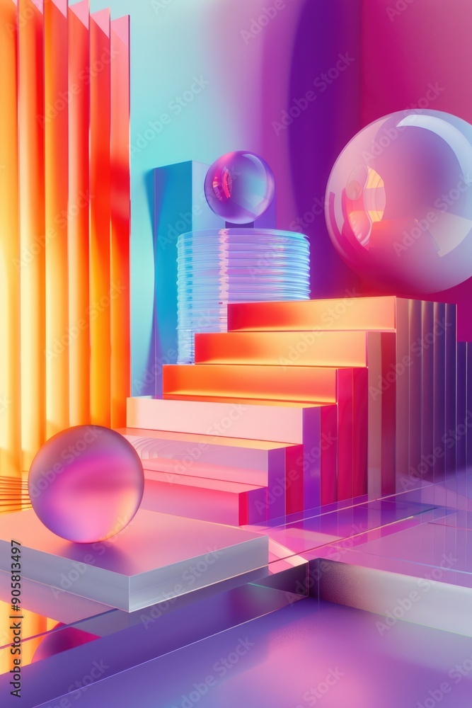 Poster abstract design featuring a colorful background, a sphere and stairs