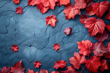 Fototapeta premium Autumn Leaves on Blue Slate: A Captivating Top View Background with Copy Space