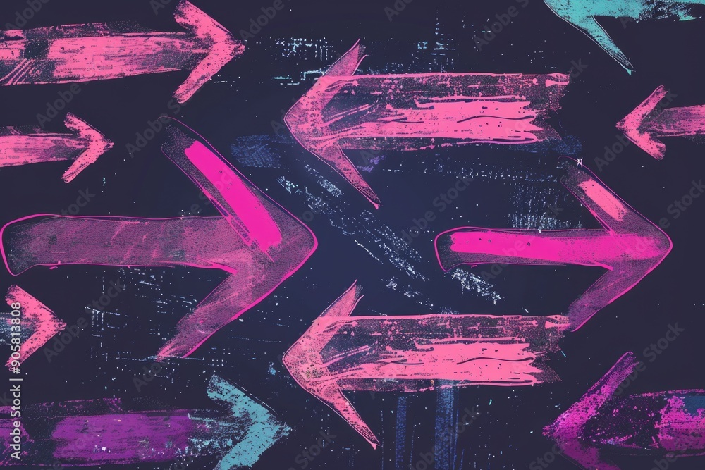 Poster a group of colorful arrows painted in pink and blue, ideal for use as decorative element or symbol