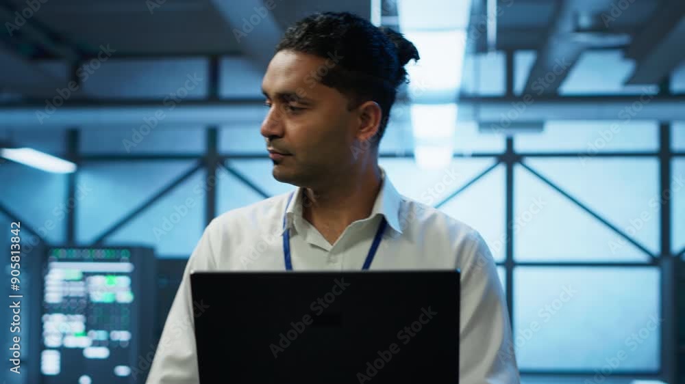Poster system administrator in data center using notebook to design, implement and manage gear, ensuring op