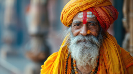 Portrait of an elderly man with a white beard, wearing traditional Indian attire, including a turban and orange robes.