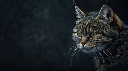 Fototapeta premium Tabby cat with piercing eyes and deep stripes stares intently against dark backdrop