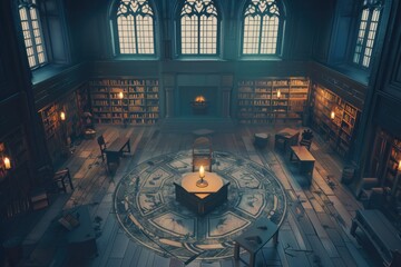 Obraz premium Study space with numerous books on shelves and a wooden table