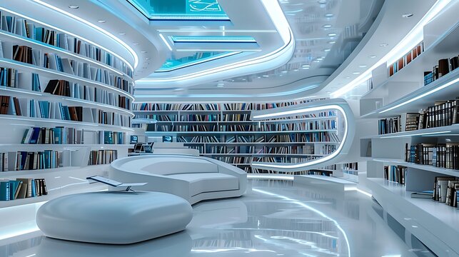 Immerse Yourself in Knowledge at the Futuristic Library: A Haven of Interactive Digital Bookshelves