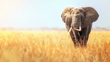 Obraz premium Elephant with tusks walks through golden grassland under sunny sky