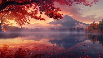Colorful autumn foliage and majestic mountain reflected in calm lake at sunrise