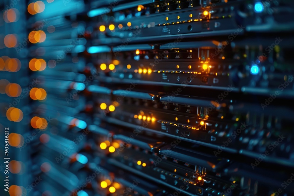Poster Row of servers in a modern data center, equipment and network infrastructure