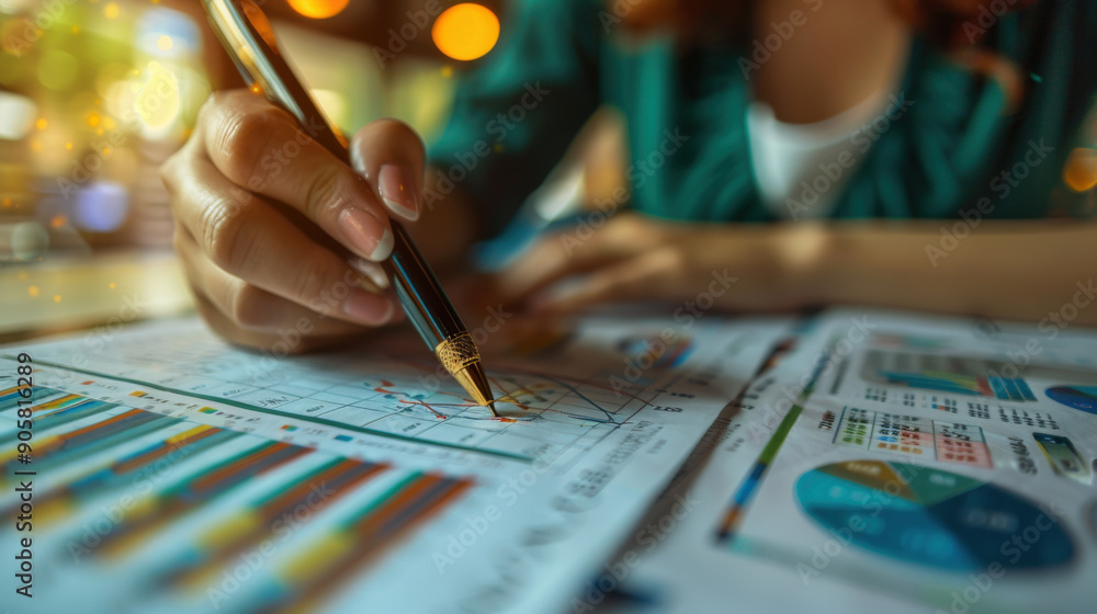 Poster close-up of a person using a pen to analyze financial data and charts, representing business analysi