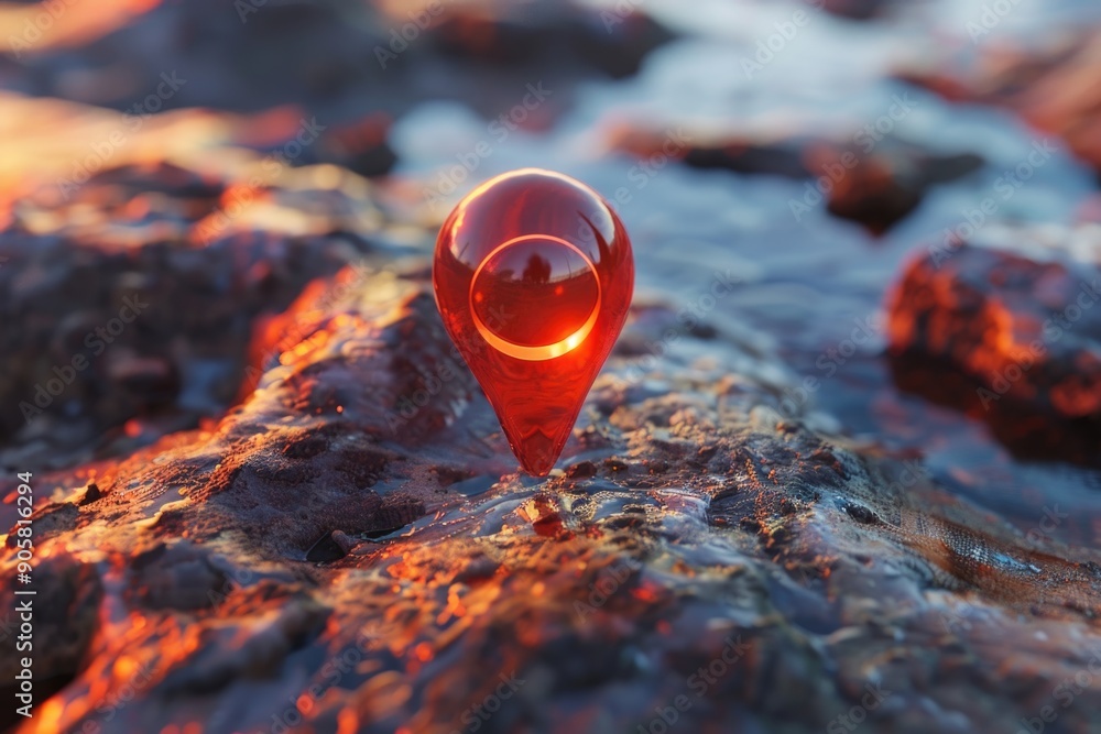 Poster a close-up shot of a bright red marker placed on a rocky surface, with a small amount of soil or deb