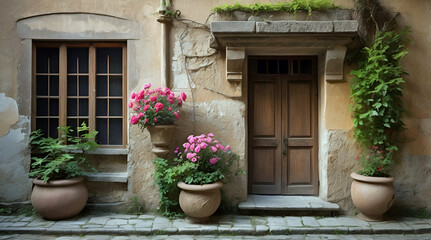 Old Rustic Italian Style Home Façade Broken Stone Planter Overhang Pink Flowers