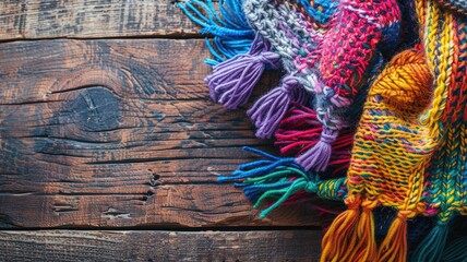 Various colorful knitted scarves with tassels on rustic wooden surface