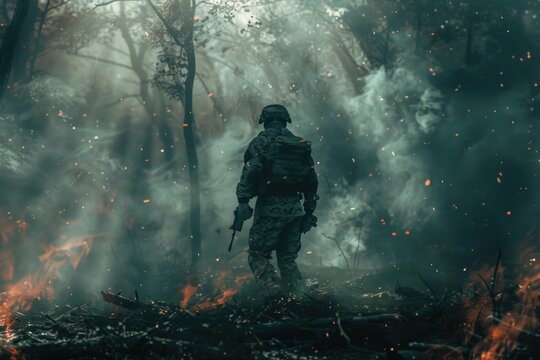 A man wearing camouflage clothing and standing in a wooded area, possibly for hunting or military purposes