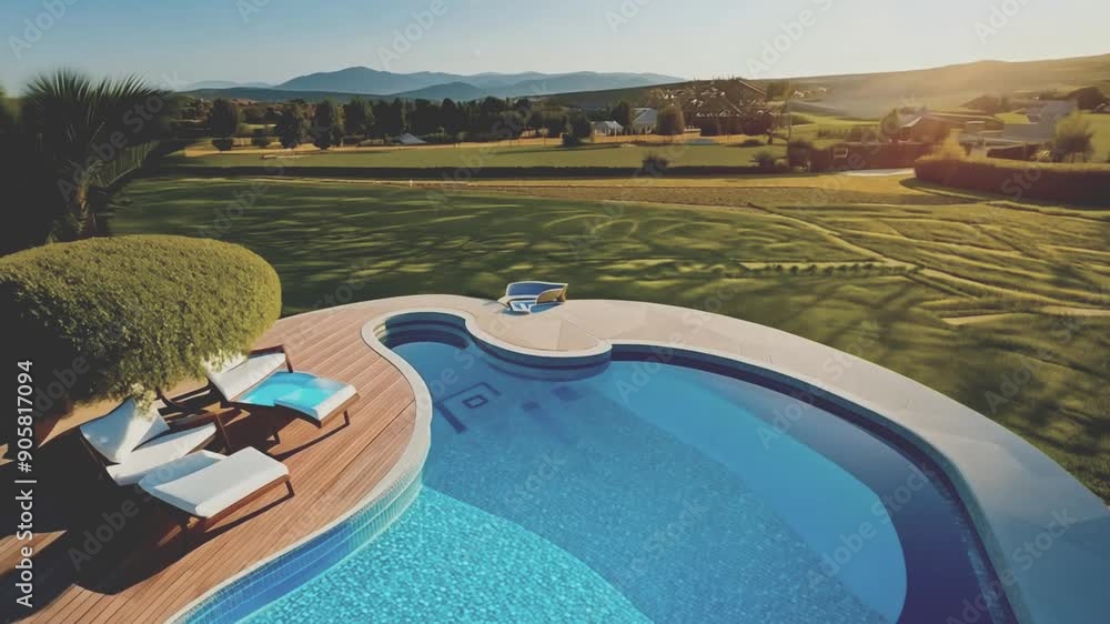 Aufkleber a sparkling swimming pool with a mountain view in the background.