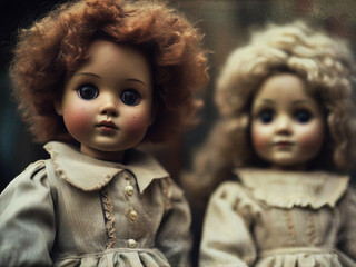 Fototapeta premium Creepy, possessed looked vintage dolls. AI-generated image.