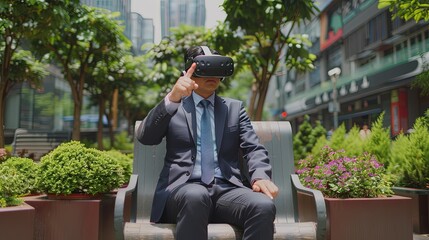 Businessman Wearing VR Headset in City Park