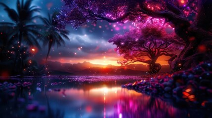 Obraz premium Dreamlike scenery with whimsical landscapes and vibrant colors, Surrealism, Bright hues, Digital art