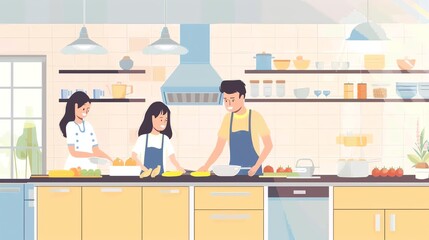 A family is cooking together in their kitchen.