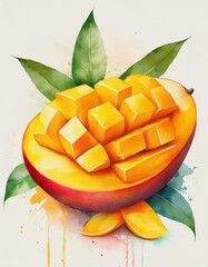Watercolor style illustration of cut mango