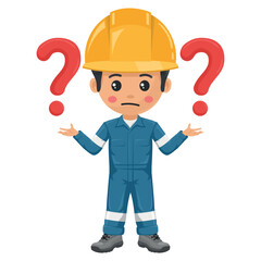 Industrial mechanic worker with giant question sign for FAQ concept. Supervisor engineer with his coverall and personal protective equipment. Industrial safety and occupational health at work