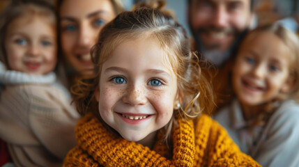 Young girl smiling brightly, surrounded by family members, enjoying a joyful moment together at home.