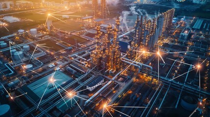 Drone s eye view  modern industrial zone infused with communication network vision