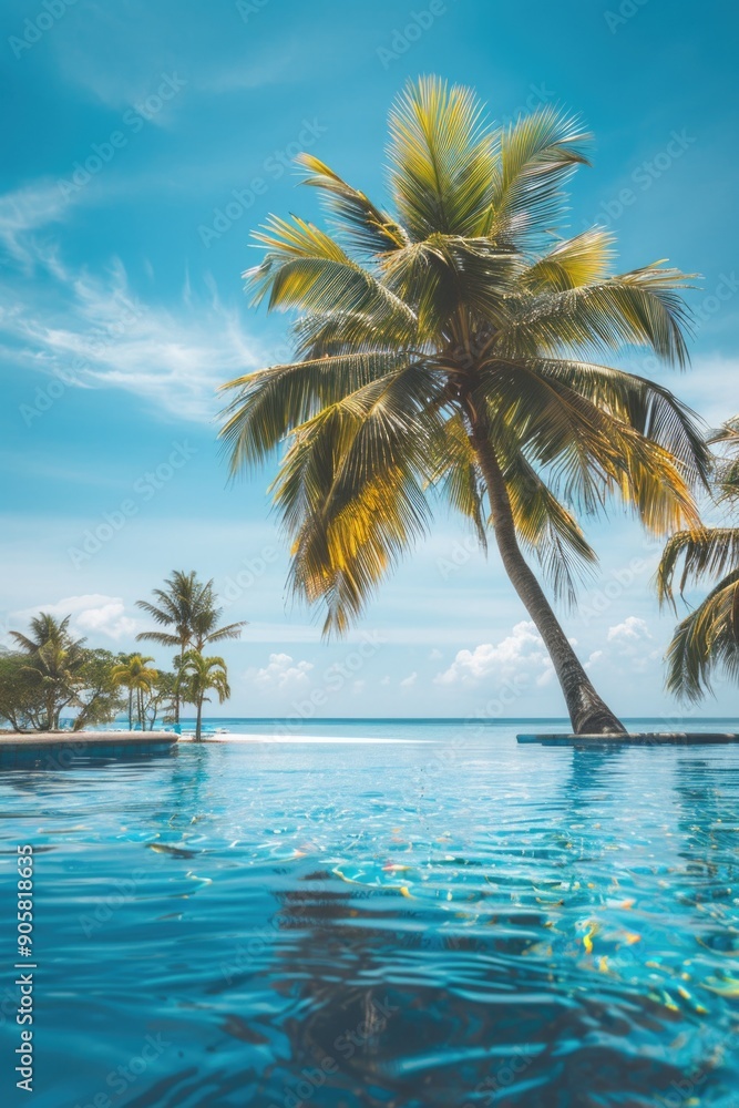 Poster a palm tree sits in the middle of a swimming pool, providing shade and a unique touch to this backya