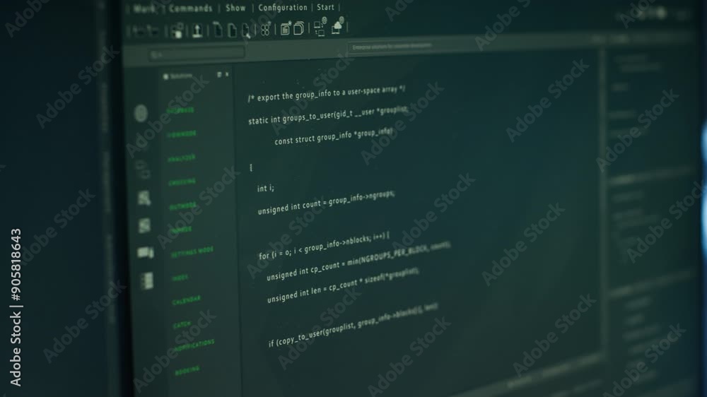 Poster close up of lines of code running on computer display in modern data center, monitoring security thr