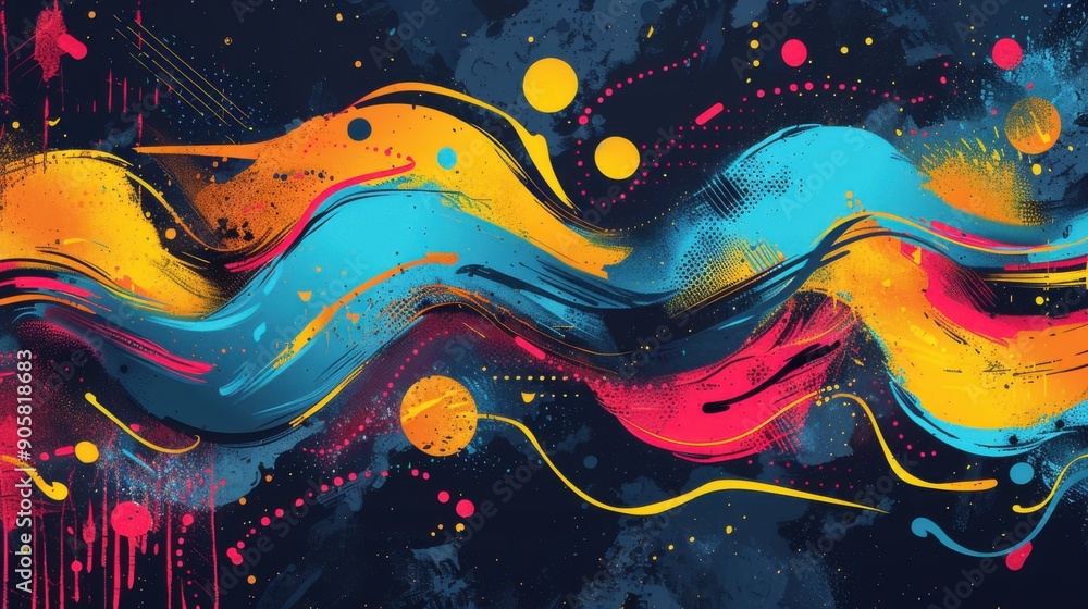 Poster abstract colorful wavy lines and dots on dark background.