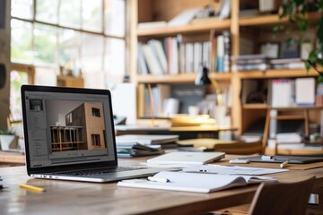 A laptop computer sits atop a wooden desk