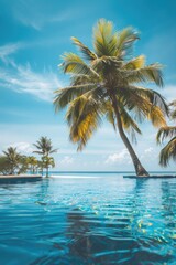 Obraz premium A palm tree sits in the middle of a swimming pool, providing shade and a unique touch to this backyard scene
