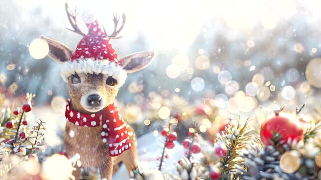 a festive wallpaper featuring cute deer dressed in Santa hats and scarves, christmas decoration tree. seamless looping time-lapse virtual 4k video animation background