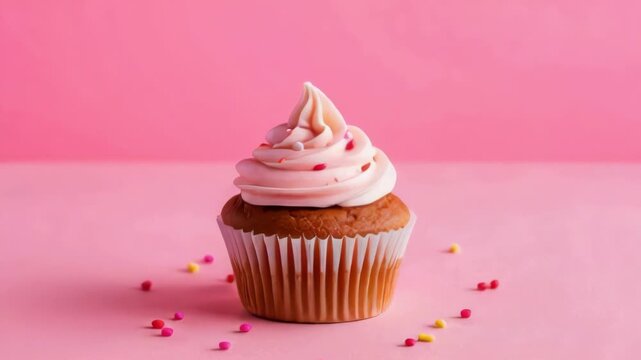 A beautifully styled cupcake with pink frosting and sprinkles, presented against a vibrant pink backdrop, evoking sweetness and celebration.