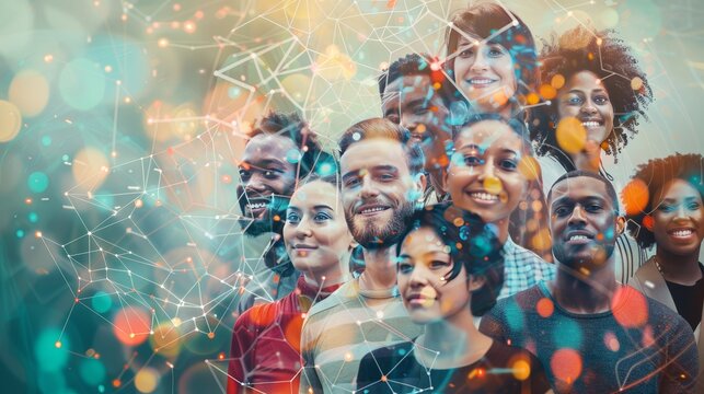 Multinational people connected by global communication network in wide angle visual