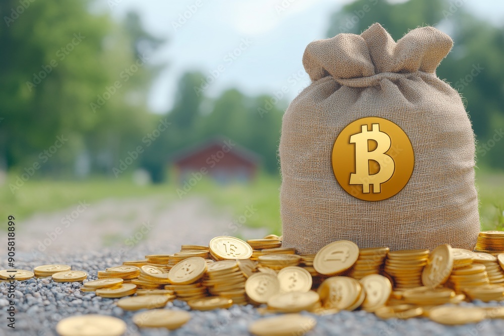 Poster piggy bank with a bitcoin symbol in a rustic setting illustrating the intersection of traditional sa