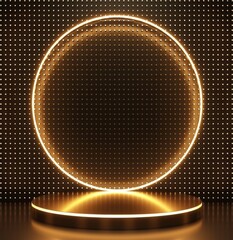 Elegant Golden Podium with Dramatic Lighting and Bokeh Spots Background, Exuding an Ambiance of Luxury and Professionalism for Corporate Events and Speaking Engagements.