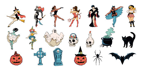 Vector Happy Halloween Characters Cartoon Retro Style Set Illustration Isolated