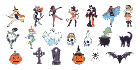Vector Happy Halloween Characters Cartoon Retro Style Set Illustration Isolated