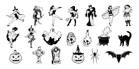 Vector Happy Halloween Characters Cartoon Retro Style Set Illustration Isolated